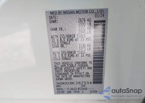 2024 Nissan Pathfinder Sl 4Wd from USA, damaged, VIN 5N1DR3CC8RC267554